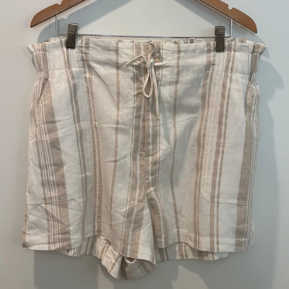 Madewell High Waist Cream & Tan Linen-Blend Striped Shorts XL